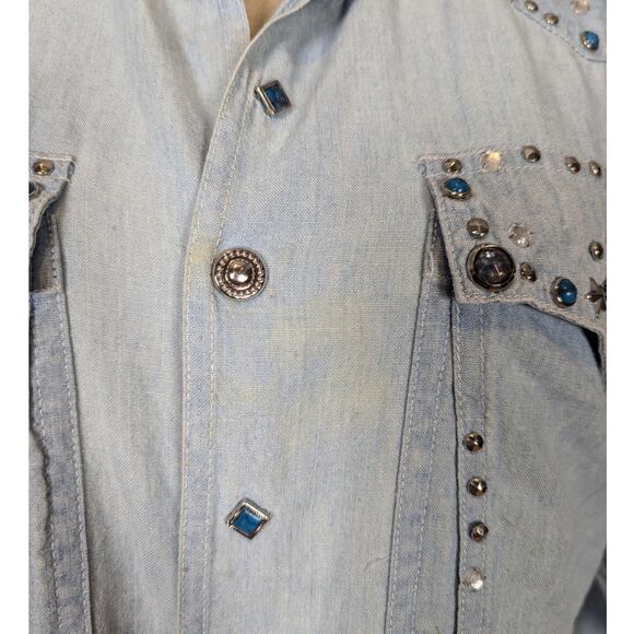 90s Vintage Embellished Denim Snap Button Up Shirt Light Wash Size Small - Picture 10 of 16